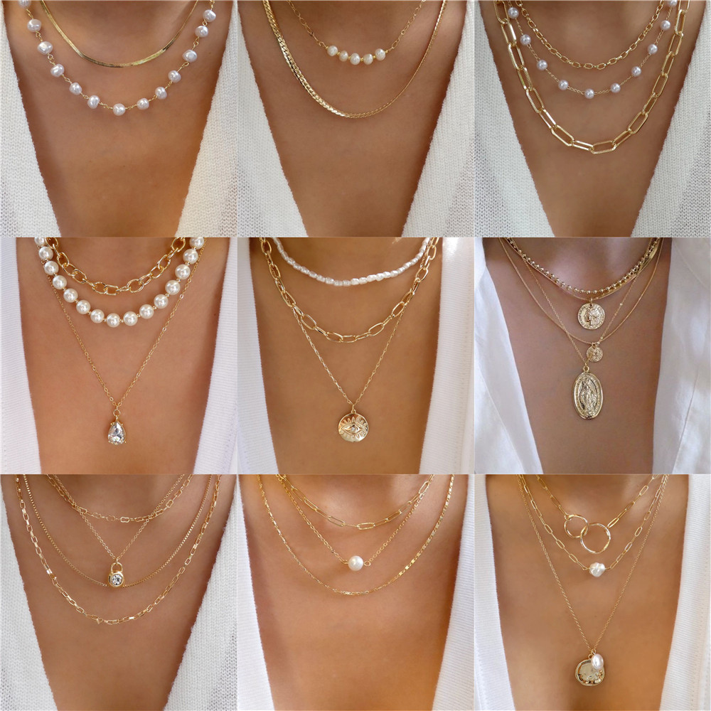 Pearl Choker Necklace Vintage - Trendy Gold-platte Geometrische Perlen Kristall Multilayer